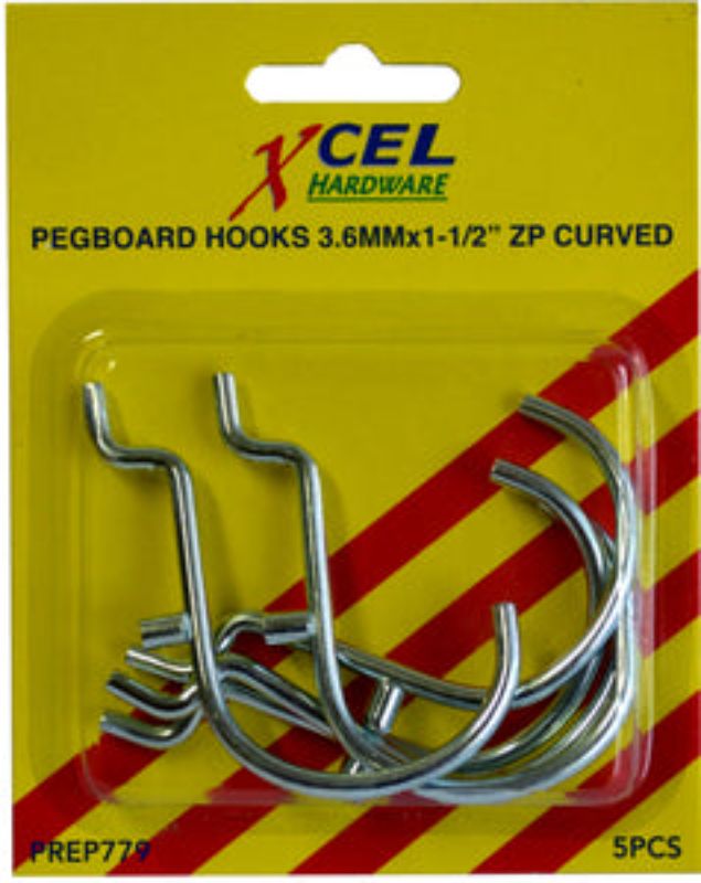 Curved pegboard hooks (set of 5) for organized storage of tools and supplies in workshops, garages, or craft rooms.