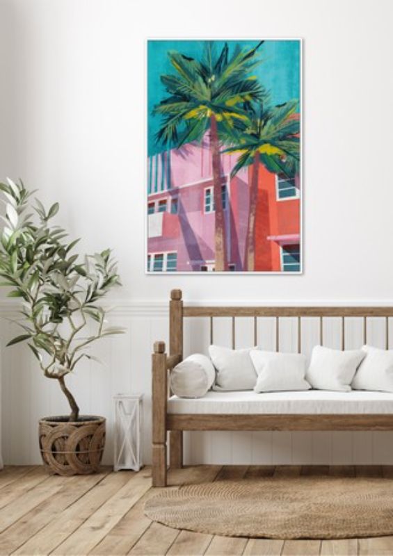 Framed canvas art depicting vibrant Miami lifestyle, perfect for elevating contemporary or coastal decor.