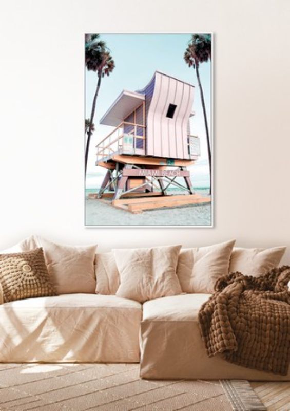 Framed canvas art featuring a vibrant Miami Beach scene, perfect for adding coastal elegance to any decor.