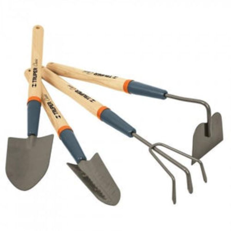 Truper 4-piece garden tool set with long 375mm handles, durable wooden grips for easy planting, weeding, and pruning.