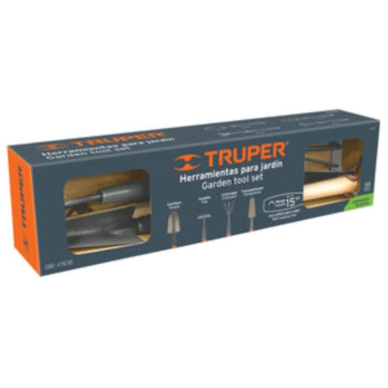 4-piece Truper garden hand tool set with long 375mm wooden handles for efficient planting, weeding, and pruning.