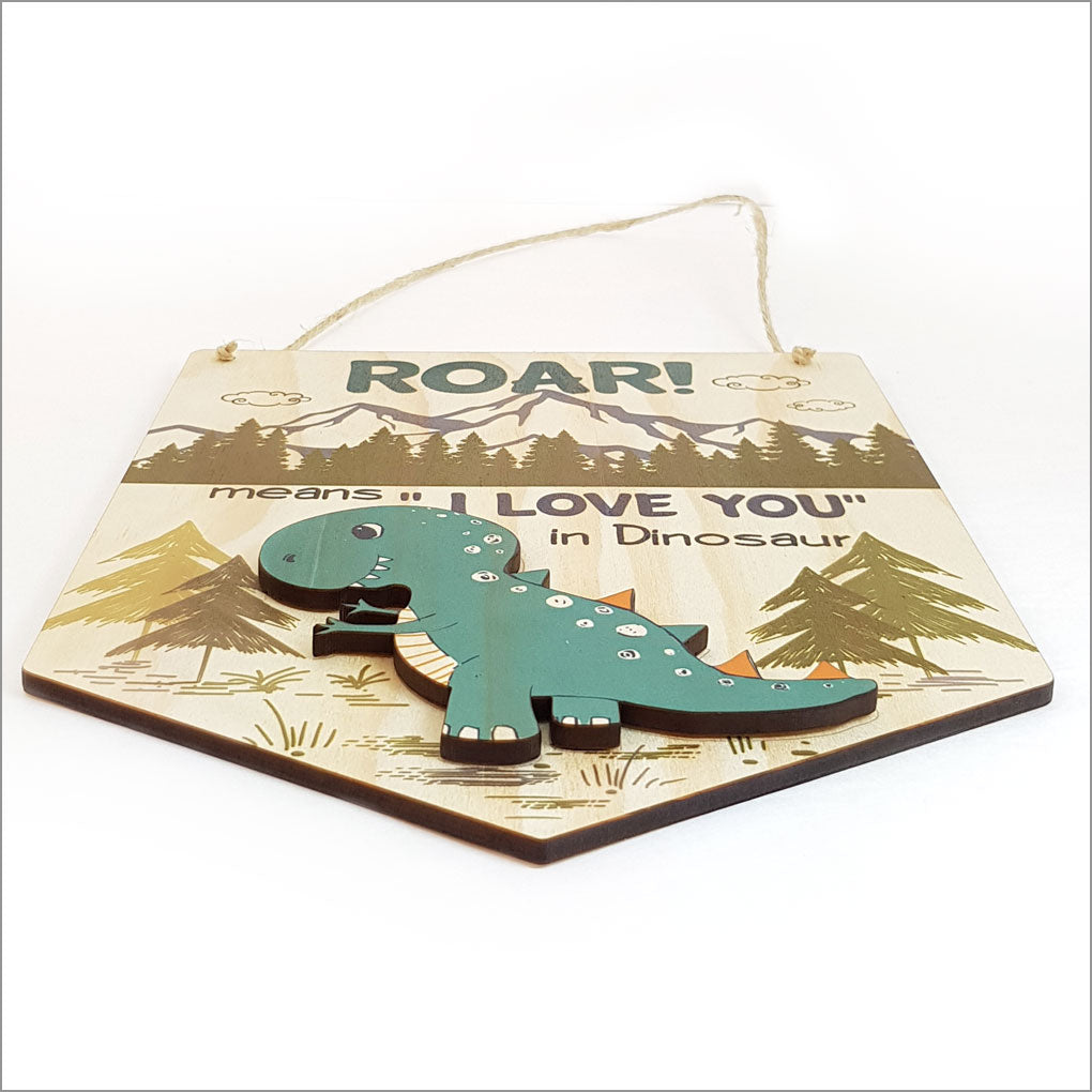 Printed Pine Flag featuring "ROAR!" design; eco-friendly, ready to hang, measures 165mm x 220mm x 4mm thick.