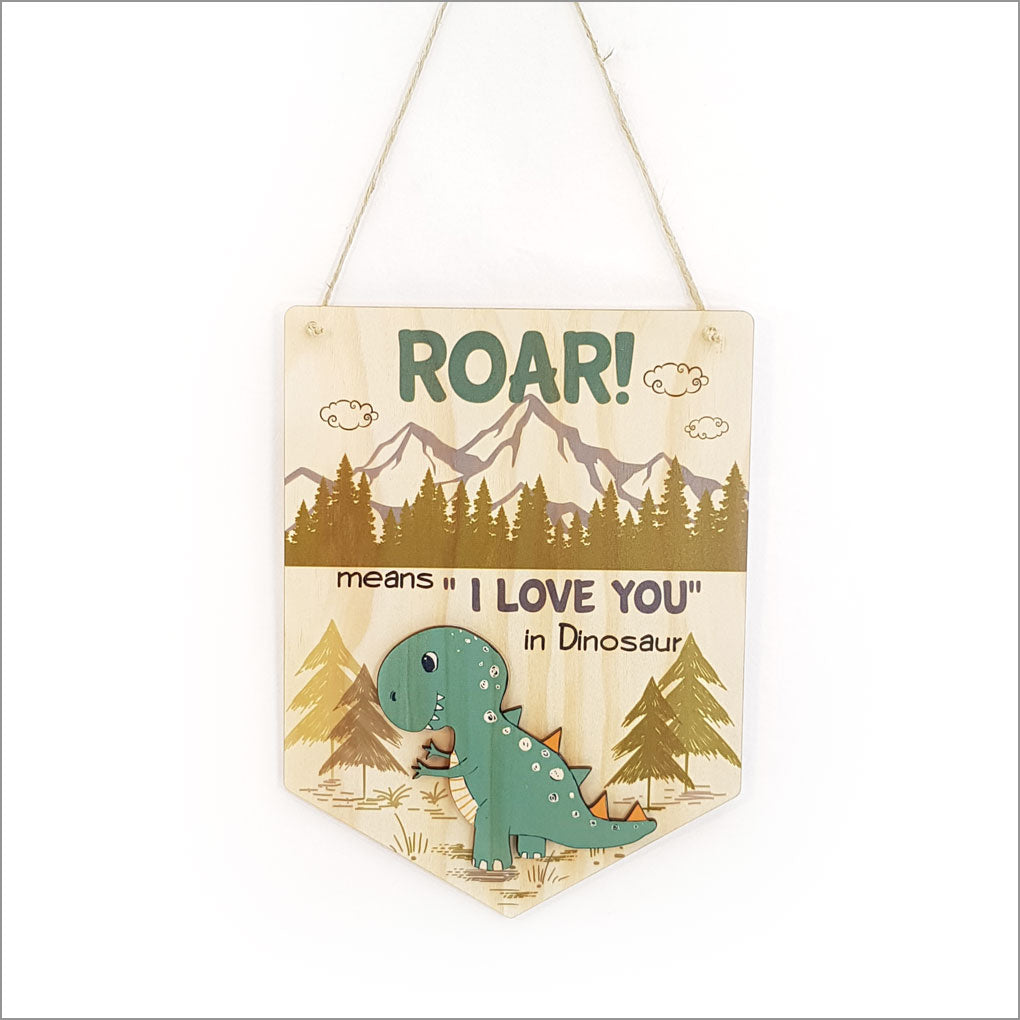 Wall Art - Printed Pine Flag: ROAR! features an inspiring design on eco-friendly pine veneer, perfect for home decor.
