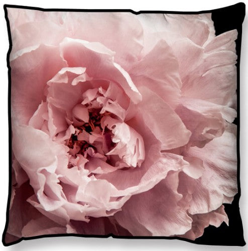 Cotton cushion featuring a pink peony design on a black background, measuring 45 x 45 cm, perfect for stylish home decor.