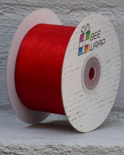 50mm wide red Cut Edge Organza Ribbon, 50m long, perfect for elegant gift wrapping and crafting projects.