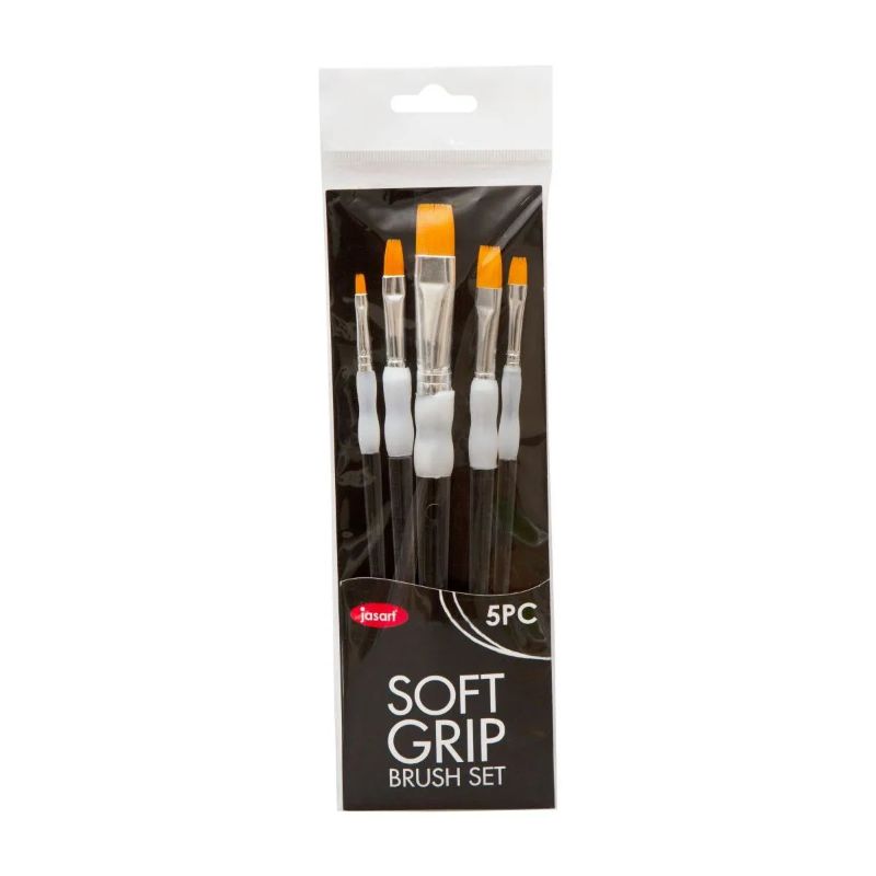 Set of 5 ergonomic flat brushes with gold synthetic bristles for acrylic and watercolor, ideal for detailed painting.