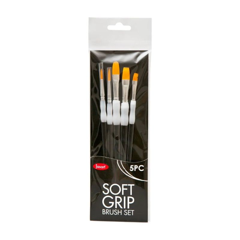 Jasart Soft Grip Brush Set of 5 with gold synthetic bristles, ergonomic handles, and various shapes for versatile painting.
