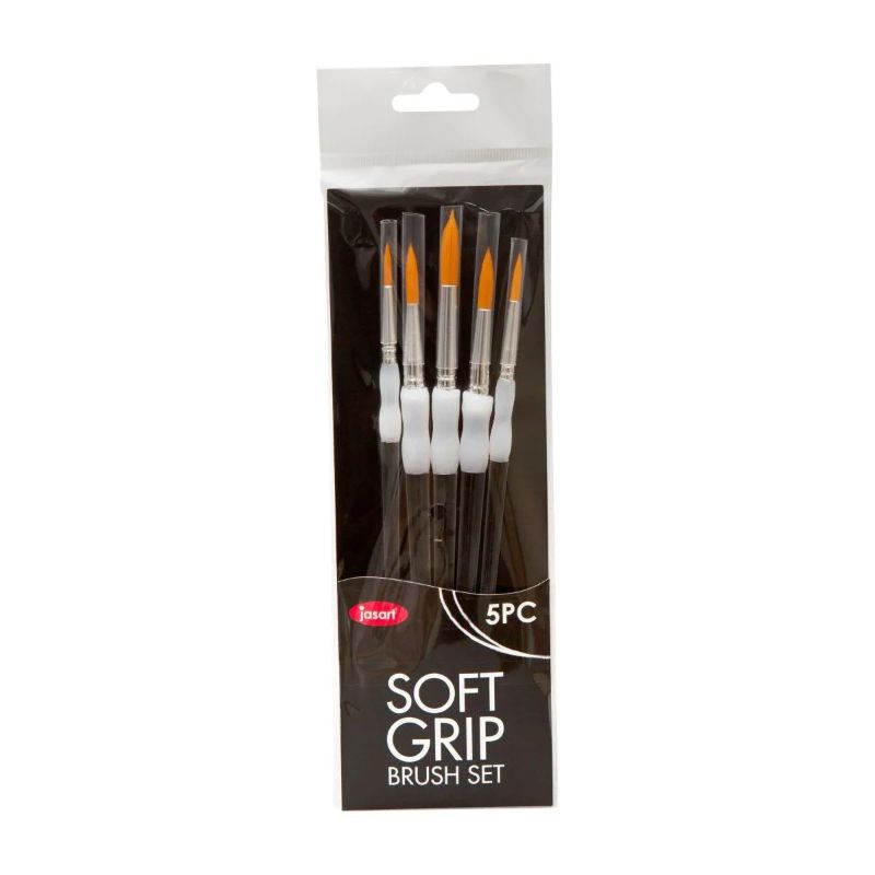 Jasart Soft Grip Brush set with 5 round brushes, featuring ergonomic handles and gold synthetic bristles for acrylic and watercolor.