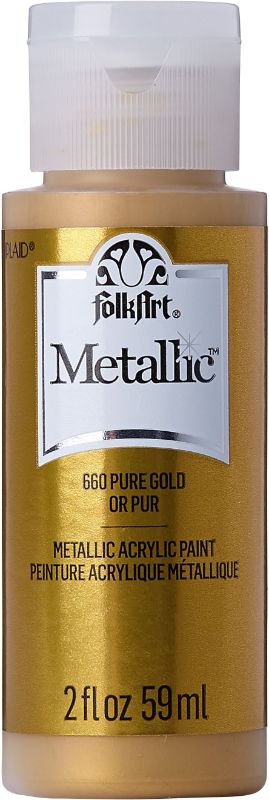 Folk Art Pure Gold acrylic metallic paint in a 2oz bottle, ideal for adding shimmer to various DIY projects.