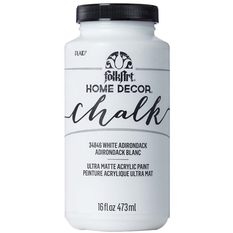 FolkArt Home Decor Chalk Paint in White Adirondack, 16oz: ultra-matte paint for versatile DIY projects on various surfaces.