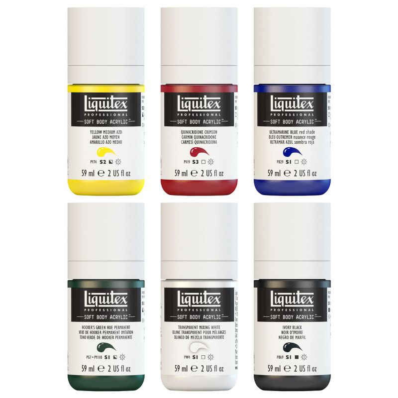 Set of 6 Liquitex Soft Body 59ml acrylic paints in vibrant colors, perfect for mixing and various techniques.
