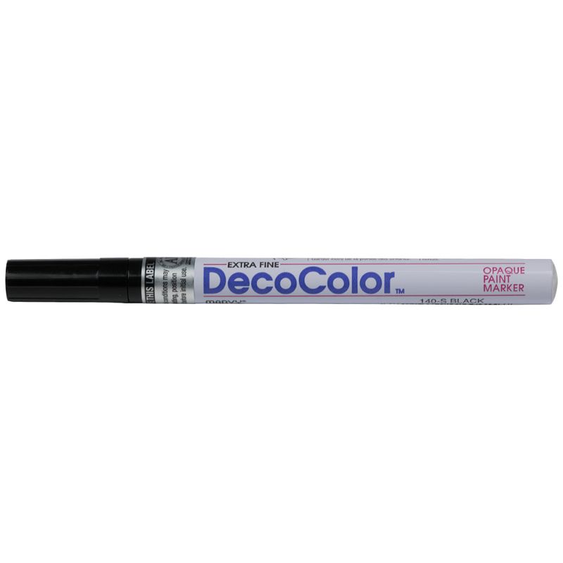 Marvy Decocolor Opaque Paint Marker in Black, extra fine tip for precise detailing on various surfaces like glass, wood, and metal.