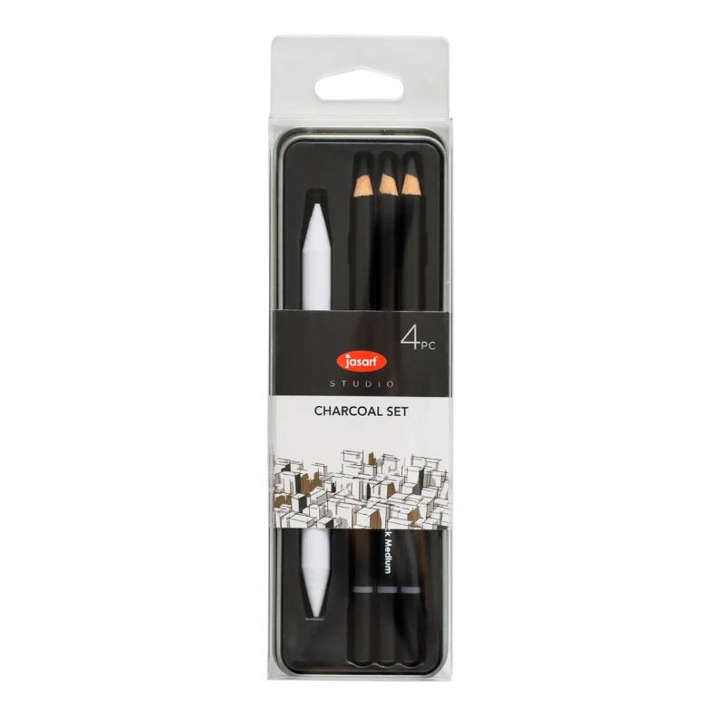 Jasart Studio Charcoal set in a metal tin, featuring 3 charcoal pencils and a paper stump for versatile sketching and shading.