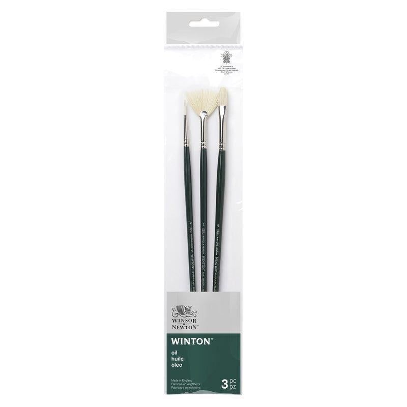 Set of 3 Winsor & Newton Winton long-handled brushes featuring durable hog bristles for oil, alkyd, and acrylic painting.