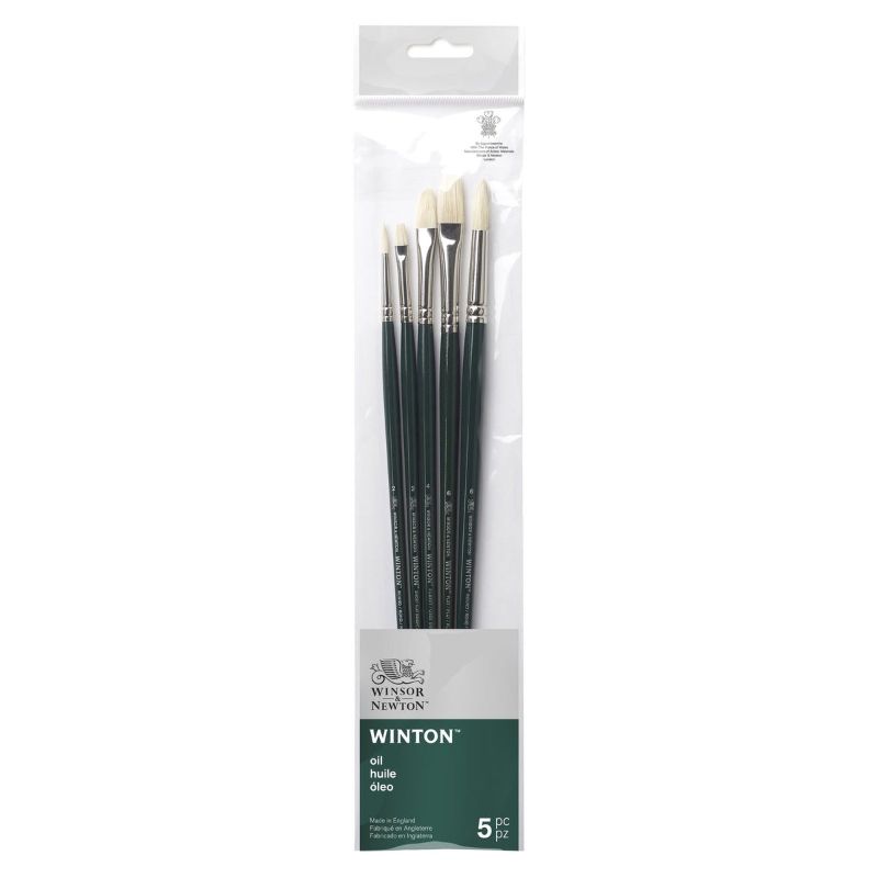 Set of 5 Winsor & Newton Winton brushes with hog bristles, ideal for detailed and versatile oil and acrylic painting.