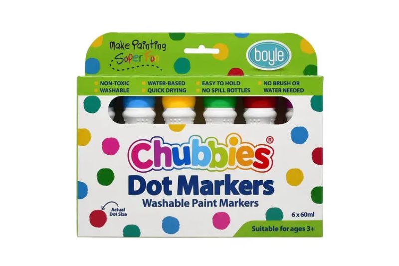 Colorful set of 6 washable dot paint markers for toddlers, non-toxic, easy-to-hold, perfect for arts and crafts.