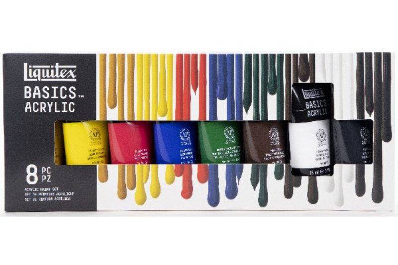 Liquitex Basics Acrylic Paints Set of 8 includes vibrant, non-toxic colors in 75ml tubes for versatile artistic projects.