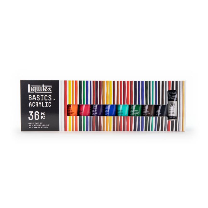 Vibrant set of 36 Liquitex Basics 22ml acrylic paint tubes, perfect for all artists to create detailed artworks and crafts.