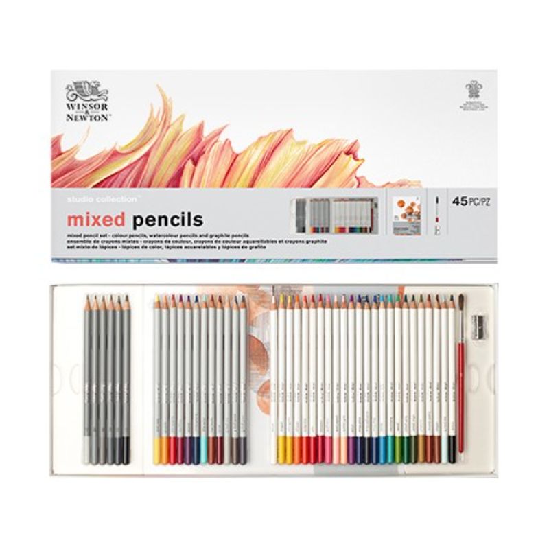 Colorful Winsor & Newton Studio Mixed Pencils set of 45, including watercolour, colored, and graphite pencils, perfect for art.
