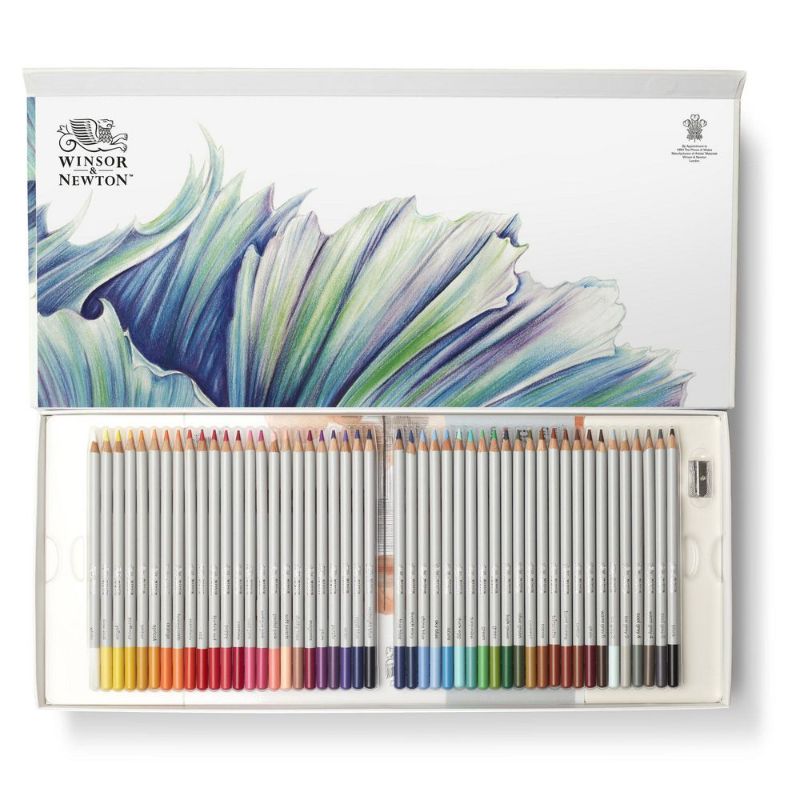 Set of 50 Winsor & Newton Studio Colouring Pencils, featuring vibrant colors, a paper pad, and sharpener in a sleek white tin.