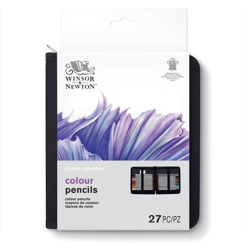 Set of 27 Winsor & Newton colouring pencils in a sleek black wallet, featuring 24 vibrant colours and 2 graphite pencils.