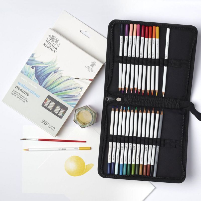 Winsor & Newton Watercolour Pencils Set of 27 in a sleek case, featuring vibrant, pigmented pencils for artistic expression.