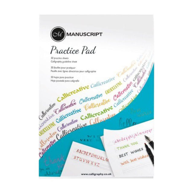 Manuscript Hand Lettering Practice Pad with 50 sheets for mastering calligraphy and hand lettering skills on-the-go.