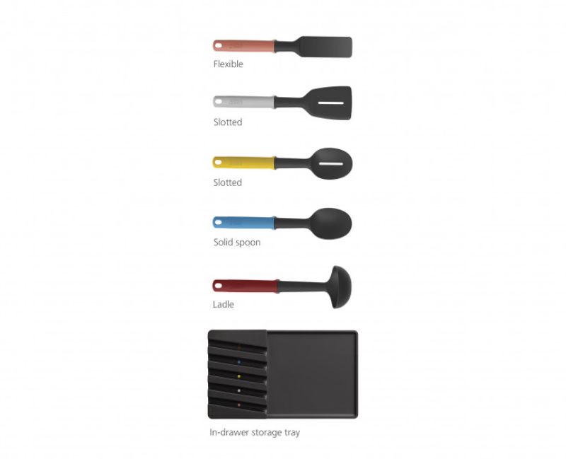 Joseph Joseph Elevate Store Utensil Set with ergonomic, heat-resistant tools and hygiene-focused design for efficient cooking.