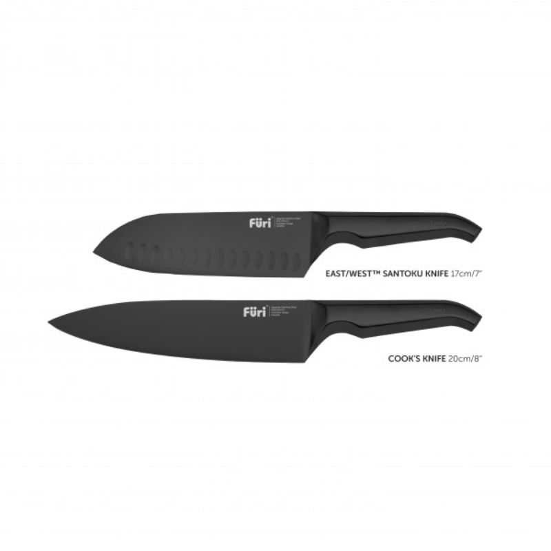 3-piece Furi Jet Black Knife Set including Santoku and Cook's knives, featuring scratch-resistant finish and elegant in-drawer block.