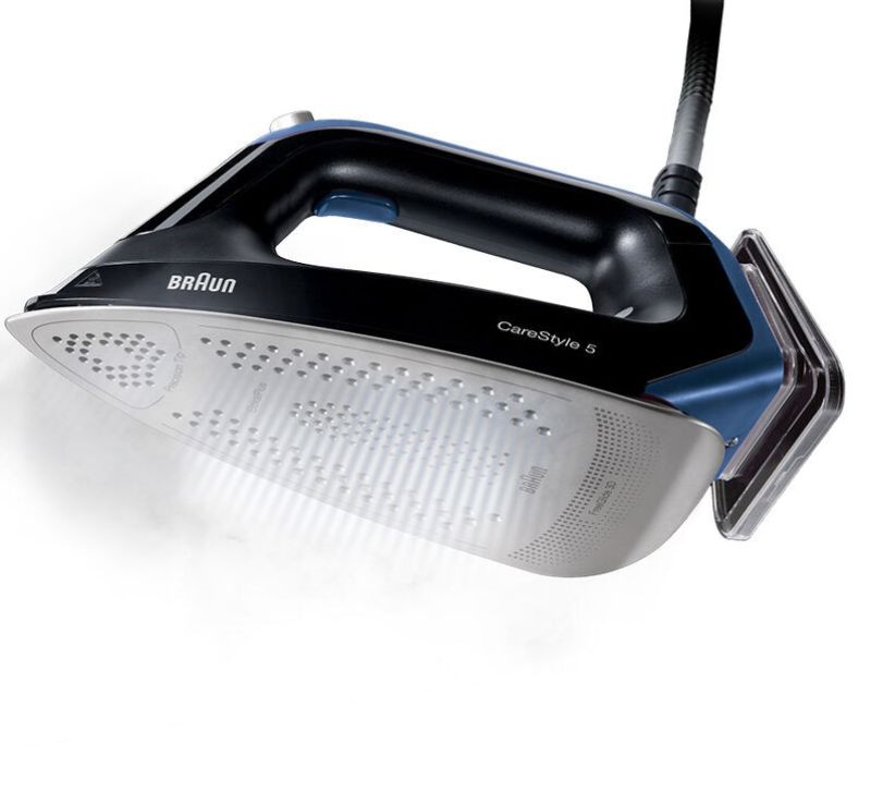 Braun CareStyle 5 Steam Generator Station in black, featuring 2400W power, 2L tank, and advanced ironing technologies.