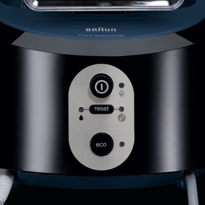 Braun CareStyle 5 Steam Generator Station in black, featuring 2400W power, 6.8 bar pressure, and 2L removable tank for efficient ironing.