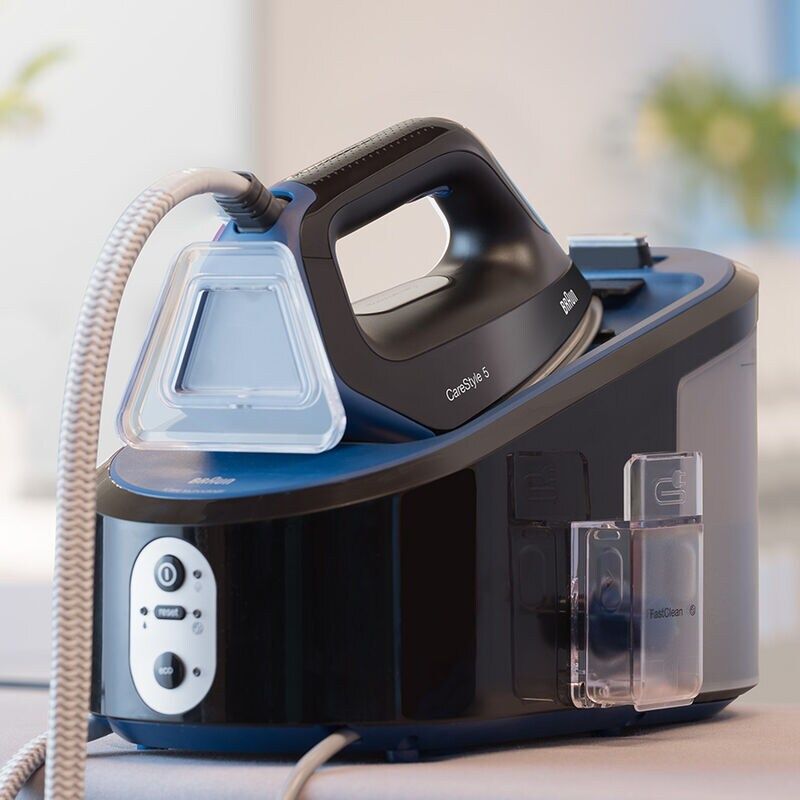 Braun CareStyle 5 Steam Generator in black, featuring 2400W, 2L tank, Double Steam Tech, and Eco mode for efficient ironing.