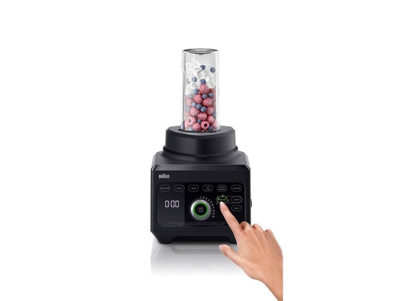 Braun PowerBlend 9 Jug in black with triangular design, PrecisionEdge blade, and customizable 18 food programs for perfect blends.