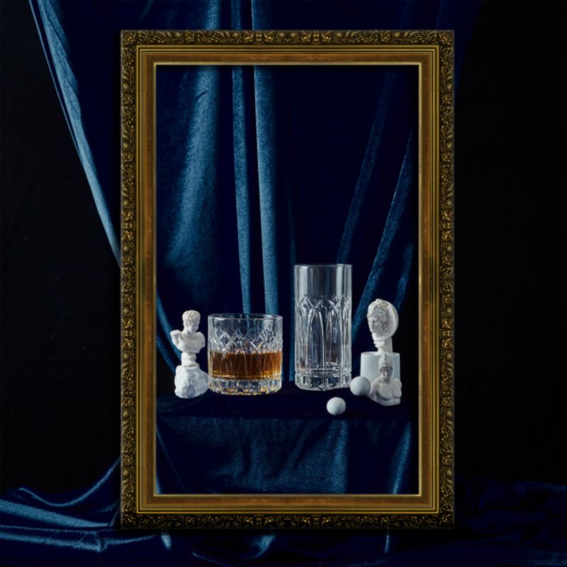 Gothic-Renaissance style 350ml Hiball glass with intricate etched patterns, perfect for cocktails and elegant serving.