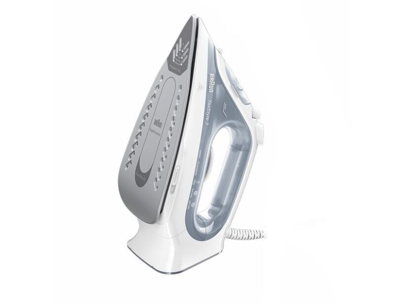 Braun TexStyle 3 Steam Iron in White Grey, featuring powerful 2350W, precision tip, anti-drip system, and FreeGlide 3D Technology.