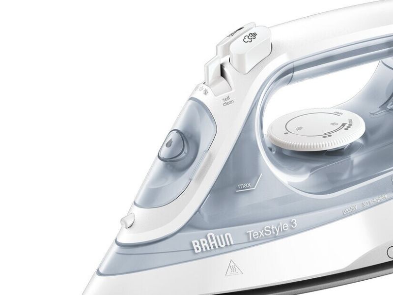 Braun TexStyle 3 Steam Iron in White Grey with 2350 watts, precision tip, anti-drip system, and 360° glideability for easy ironing.