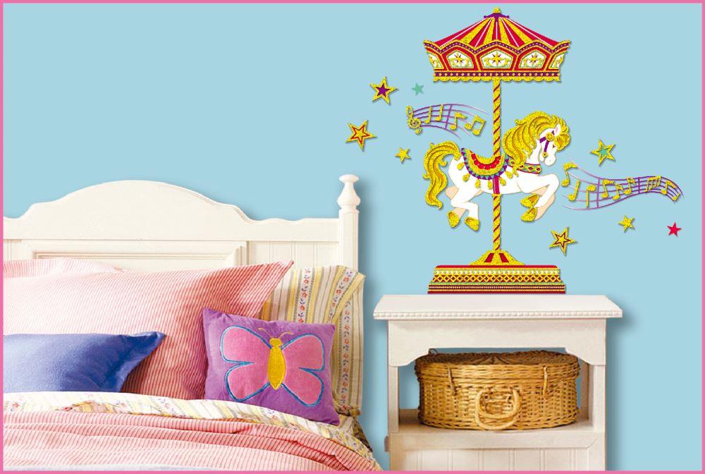 Glitter merry-go-round wall decal, vibrant colors and removable for fun, whimsical nursery or playroom decor.