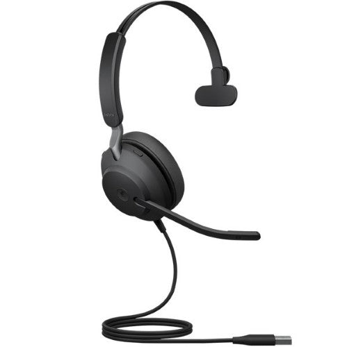 On-ear Jabra Evolve2 40 SE headset with USB-A, plush cushions, and Teams notifications for comfortable calls.