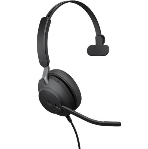 Jabra Evolve2 40 SE Mono Headset with plush cushions, USB-A connectivity, and Microsoft Teams integration for comfort and performance.