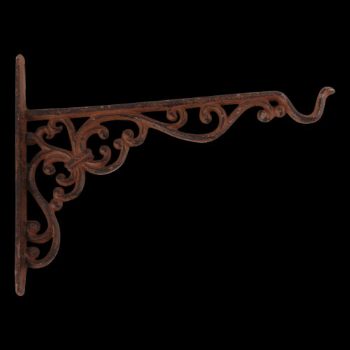 Elegant cast iron hanging hook with graceful curls for baskets, lanterns, and feeders; durable and stylish outdoor accessory.