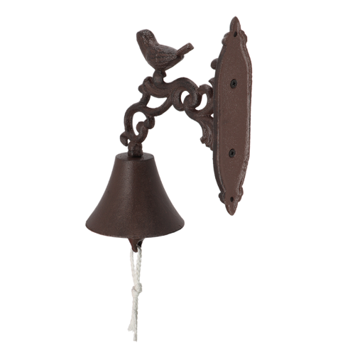 Rustic cast iron doorbell featuring a charming bird design, perfect for welcoming guests at your home or garden shed.