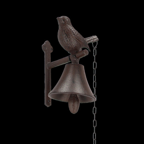 Rustic cast iron doorbell with bird design and chain pull, adds vintage charm to your entryway.