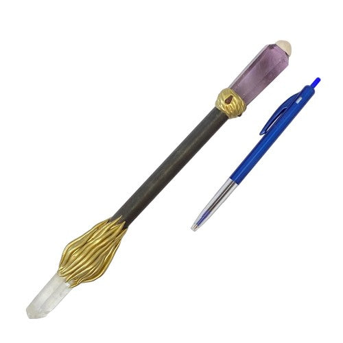 Elegant 27 cm ebony scepter featuring amethyst and rock quartz for spiritual healing and meditation.