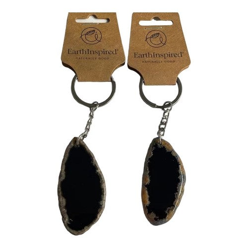 Set of 3 unique black agate slice keyrings with stainless steel, showcasing natural patterns and artisanal craftsmanship.