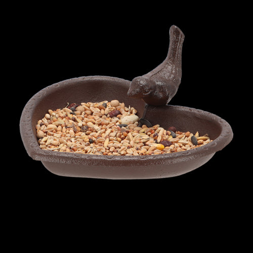 Cast iron heart-shaped bird feeder and bath set, perfect for attracting birds to your garden, 17cm in diameter.