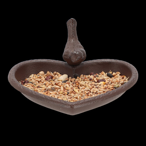 Heart-shaped cast iron bird feeder and bath set, 17 cm, ideal for attracting birds with food or water in stylish outdoor décor.