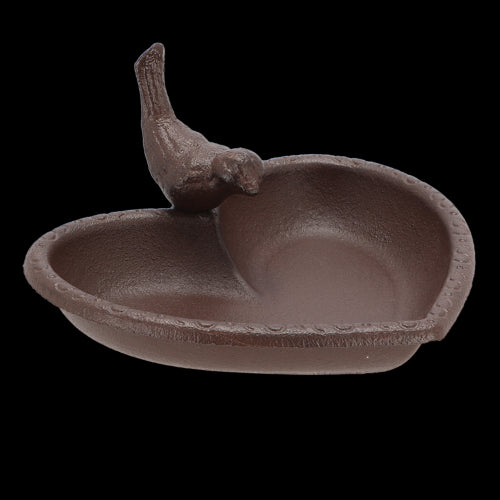 Heart-shaped cast iron bird feeders and baths, 17 cm, ideal for attracting birds to your garden with food or water.