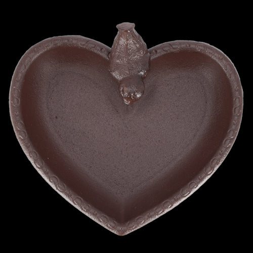 Heart-shaped cast iron bird feeder and bath set, 17 cm, perfect for attracting birds to your garden, includes two units.