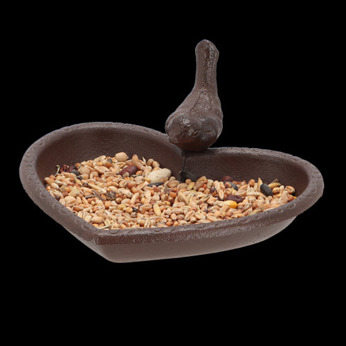 Cast iron heart-shaped bird feeder and bath set, 17 cm, perfect for attracting birds with food or water.