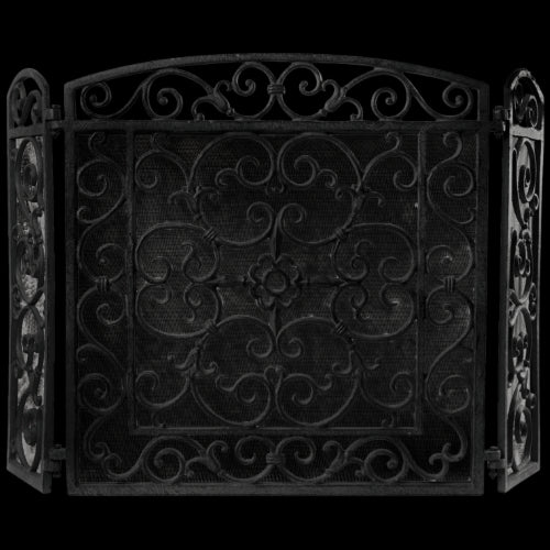 Elegant black cast iron fireplace screen with foldable sides, measuring 61 x 21 x 59cm, ensuring safety and style.